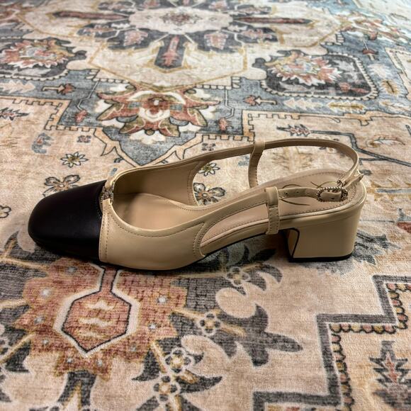 Sam Edelman Tarra Sling Back Cap Toe Pump Tan and Black Kitten Heel Holiday W 8 - Picture 8 of 15